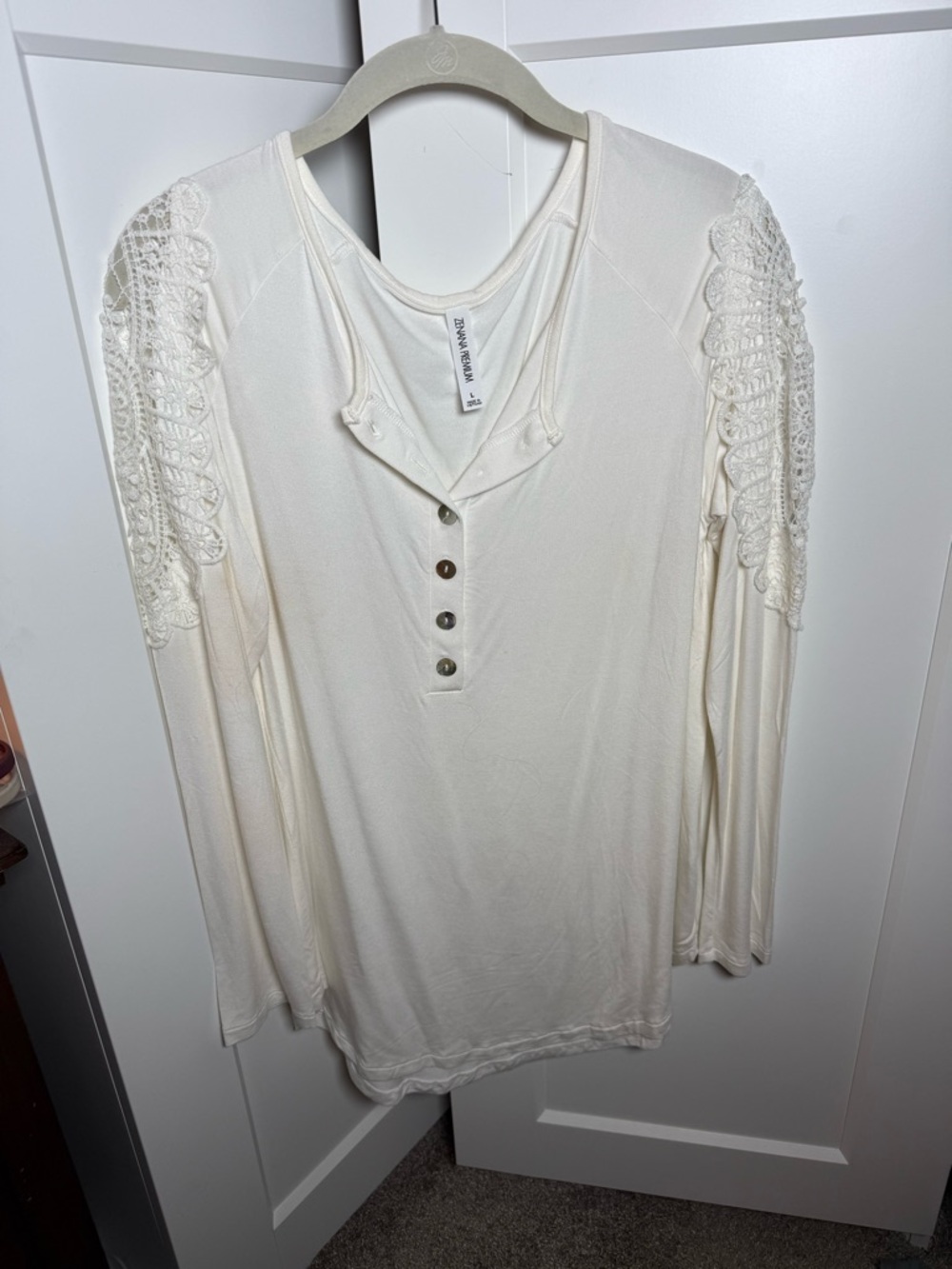 Zenana Outfitters Cream Henley with Crochet Shoulder Panels